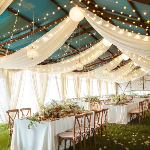 Size 5x30 6 Panels Ivory Ceiling Drapes with Lights String for Weddings Ceiling Drapes 5ftx30ft Wedding Draping Fabric Sheer Curtains Tulle Ceiling Drapery Wedding Decorations for Party Ceremony Stage Swag