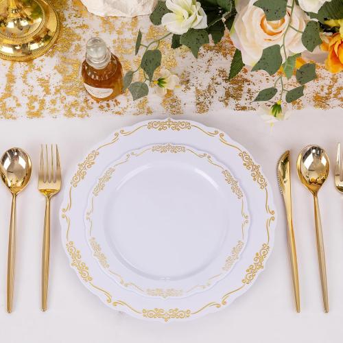 U-QE 100PCS Gold Plates Disposable - Heavy Duty White and Gold Plates Including 50PCS 10'' Dinner & 50PCS 7.5'' Dessert Plates Perfect for Upscale Party, Wedding