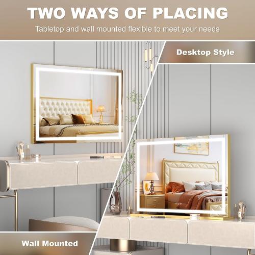 Hasipu Vanity Mirror with Lights, 23 x 18 LED Makeup Mirror, Lighted Makeup Mirror with Dimmable 3 Modes, Touch Screen Control Vanity Mirror Square Gold