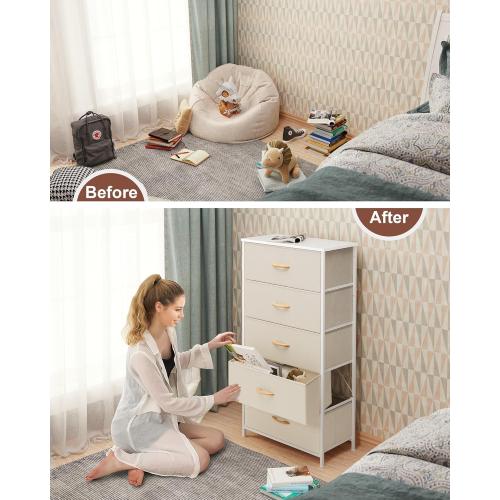 Crestlive Products Vertical Dresser Storage Tower - Sturdy Steel Frame, Wood Top, Easy Pull Fabric Bins - Wide Organizer Unit for Bedroom, Hallway, Entryway, Closets - 5 Drawers(Beige)