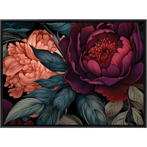 Kate and Laurel Sylvie Dark Academia Floral in Rich Jewel Tones Framed Canvas Wall Art by The Creative Bunch Studio, 31.5x41.5 Black, Modern Colorful Flower Art for Wall