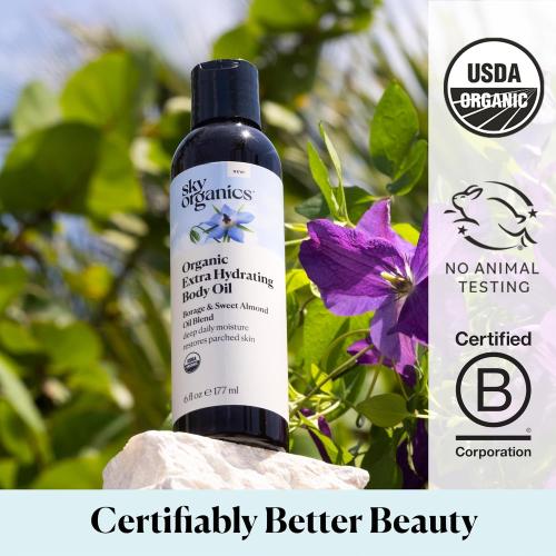 DIRTY BOTTLE Sky Organics Body Oil, Extra Hydrating & Nourishing Organic Skin Care with Borage, Acai & Sweet Almond Oil, Nourishing Hydration for Softer, Smoother, Refreshing Orange & Spearmint Scent, 6 fl oz