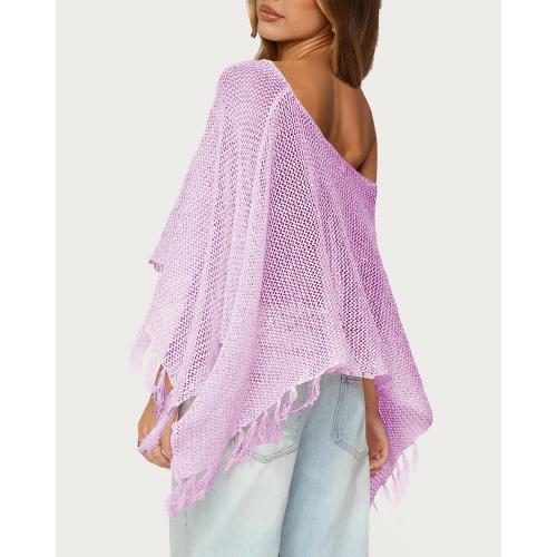 Womens Summer One Shoulder Knit Sheer Poncho Trendy Lightweight Boat Neck Fringe Pullover Sweaters