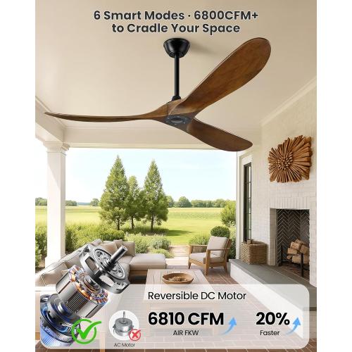 52 Inch Ceiling Fan no Light, Outdoor Ceiling Fans Without Lights for Patios, 3 Blade Solid Wooden Propeller Modern Ceiling Fan with Remote Control for Farmhouse Living Room Bedroom Dark Walnut