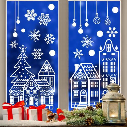Large Christmas Window Clings, Xmas Window Stickers White House Snowflakes Reindeer Decals for Winter Glass Christmas Window Decoration
