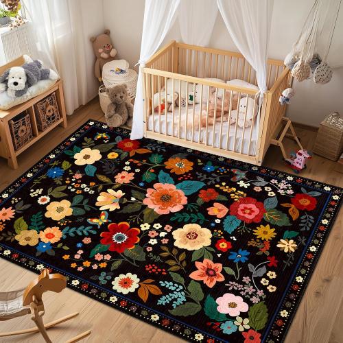 Floral 5x7 Area Rug Machine Washable Soft Print Boho Carpet Non Slip Doormat Low Pile Flower Area Rugs for Living Room Bedroom Nursery Kitchen Dining Room Indoor-Black