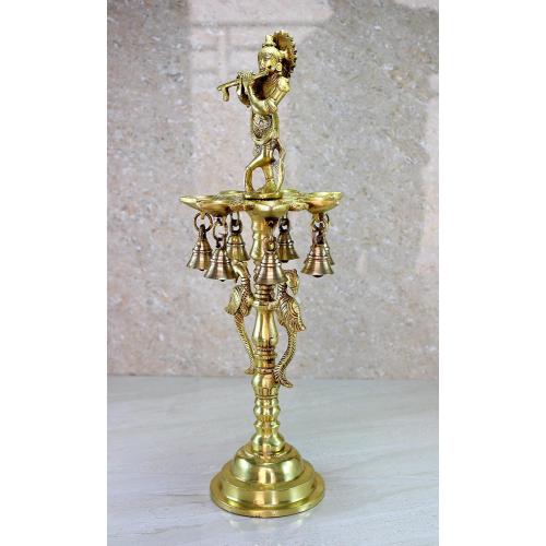 Brass Krishna Oil Lamp | Home Decor | Brass Diya Deepam Lamps | Kuthu Vilakku | Lamps for Home and Office - 16.5 Inches - Big Size