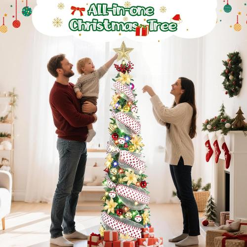 6Ft Prelit Pop Up Pencil Christmas Tree Decorations, Collapsible Artificial Christmas Tree with Lights, Foldable Pre Decorated with Ribbon Ornaments, Indoor Home Holiday Party Christmas Decorations