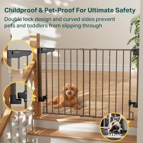 Cumbor 29.2–43 Baby Gate for Stairs, Wall-Mounted (Drill Required), Expandable No Bottom Bar Dog Gate, Auto Close Extra Wide Walk Thru, Pet & Toddler Proof Gate, Top & Bottom of Stairways (Brown)