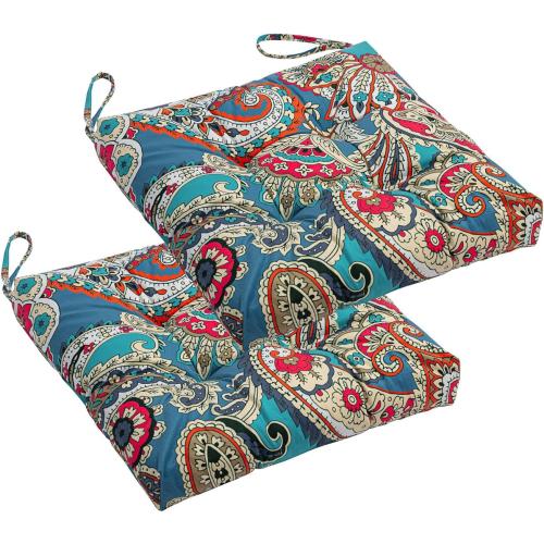 2-Pack Outdoor/Indoor Wicker Patio Seat Cushion Pad with Ties - Decorative Dining Chair Cushion, 17 x 17 (Blue Trumpet Flowers)