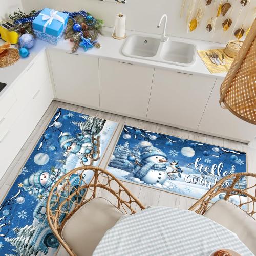 Duraaamo Set of 2 Hello Winter Snowman Kitchen Rugs Blue Christmas Kitchen Mats Cute Bathroom Rug Non Slip Floor Mat Doormat for Winter Holiday Decor 17 x 29 Inch and 17 x 47 Inch