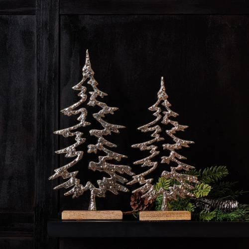 Melrose Wood and Aluminum Christmas Tree on Base, Set of 2, Silver, Holiday Season Decoration