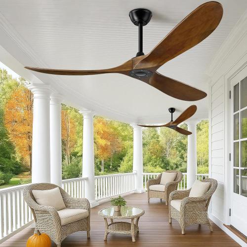 52 Inch Ceiling Fan no Light, Outdoor Ceiling Fans Without Lights for Patios, 3 Blade Solid Wooden Propeller Modern Ceiling Fan with Remote Control for Farmhouse Living Room Bedroom Dark Walnut