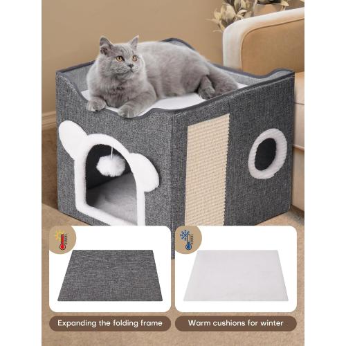 Cat Houses for Indoor Cats, Large Cat Cave with Fluffy Ball and Scratch Pad, Covered Cat Bed House, Foldable Cat Hideaway