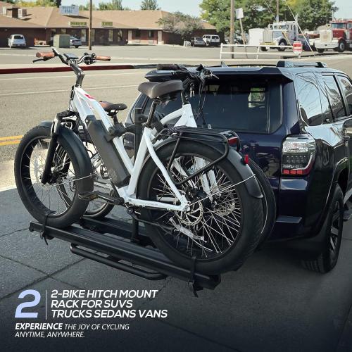2 EBike Rack with Ramp, 2 Hitch Mounted Carrier Bike Racks Platform, 200 Lbs Max Loading for Standard, 5 Fat Tire and Electric Bicycles, Foldable E-Bike Rack for SUVs Cars Trucks Vans