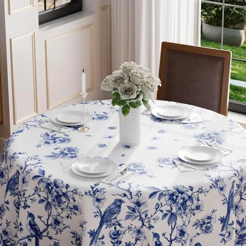 XCHI Blue and White Porcelain Style Birds and Flowers Spring Tablecloth Round Washable Table Covers for Summer Seasonal Indoor Outdoor Dining Home Party Decorations 70x70 Inch