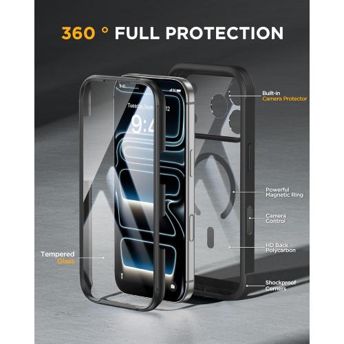 Miracase for iPhone 17 Pro Max Case 6.9 Full-Body Phone Case with Built-in Glass Screen Protector& Full Camera Protector, Camera Control [Magnetic with MagSafe] Drop Proof 17 ProMax Cover, Black