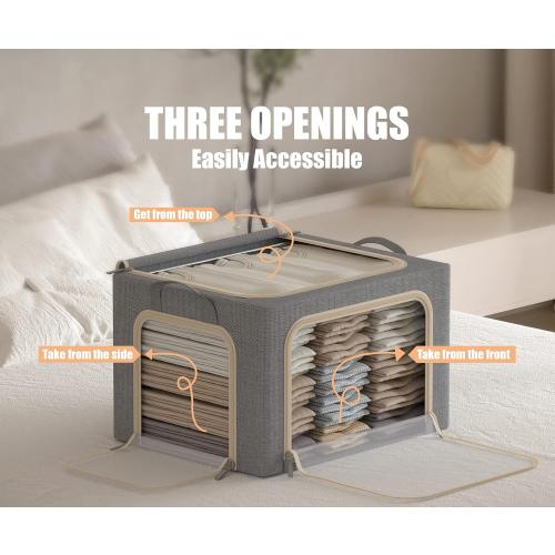 3 Pcs,Light Grey,66L 3 Opeings Large Clothes Storage Bins with Metal Frame, Foldable Storage Bin for Clothes, Clothing Storage Bins with Lid, Linen Storage Box With Clear Window＆ Zippers＆ Handles.(3 Pcs,Light Grey,66L)
