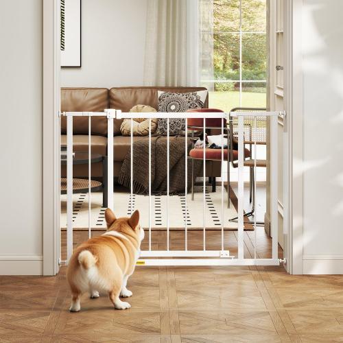BestPet 30”Tall Dog Gate for Stairs & Doorways, Fits 28.5”-39.7” Wide Openings,Walk-Through Metal Pet Gate for Indoor Use,Adjustable Safety Gates for Pets,White