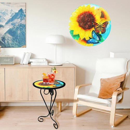 12 Inch Outdoor Side Table, Round Patio Accent Indoor End Table with Glass Top & Metal Base for Living Room, Office, Balcony, Sunflower Butterfly Indoor Furniture Decor(20 Height)