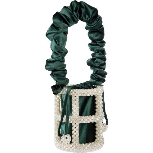 YUSHINY Women Faux Pearl Beaded Evening Pleuche Handle Bucket Hollow-Block Bags with Velvet Lining for Wedding Party