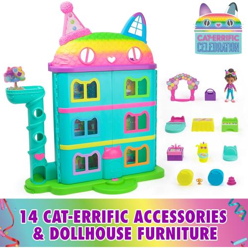 DREAMWORKS GABBY'S DOLLHOUSE, 14 Pc Celebration Dollhouse, 25-Inches Tall, with Toy Figures, Doll House Furniture & 10 Sounds, Kids Toys for Girls & Boys Ages 3