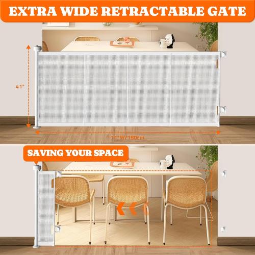 Pawtners Retractable Baby Gates Extra Wide, 41 Tall Extends up to 71 Wide, Dog Gate Indoor with for Stairs, Pet Gate with Support Rods for Doorways Hallways Indoor & Outdoor-White