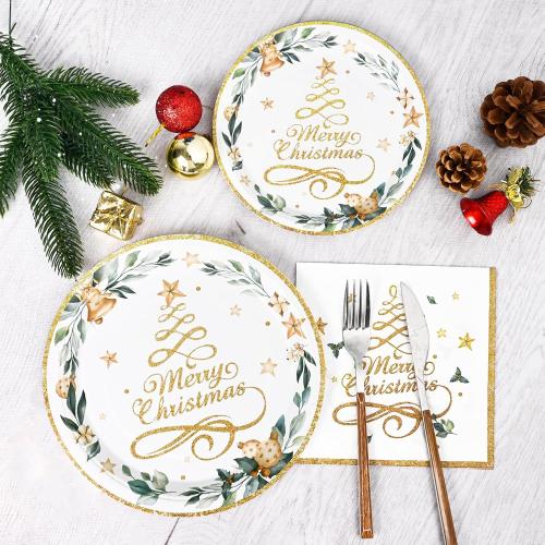 Homlouue 200 Pcs Christmas Paper Plates and Napkins, Christmas Tree Gold Plates and Napkins Disposable, Christmas Dinner Plates and Napkins Serve 50 Guest, Christmas Party Table Decorations