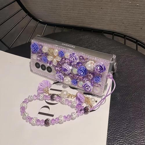 for Samsung Galaxy Z Fold 6 Case,Cute Bling Glitter Sparkle Stunning Stones Diamond Rhinestone 3D Handmade Pearl Rose Flower with Wrist Lanyard Women Girly for Galaxy Z Fold 6 (Purple)
