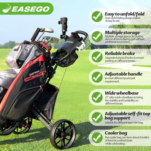 EASEGO Golf Push Cart 3 Wheel : Golf Bag Cart Foldable with Phone Holder/Cup/Umbrella Holder Compact Golf Pull Carts Quick Fold Golf Caddy Push Carts with Large Wheelbase for Different Terrain