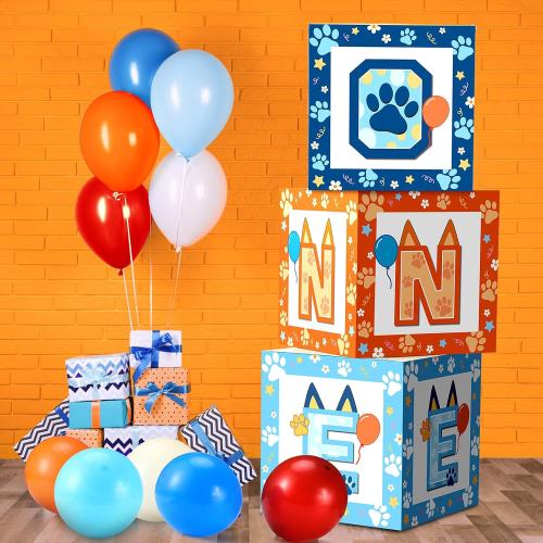 Lunmon 3 Pcs Blue Dog 1st Birthday Balloon Boxes Decorations