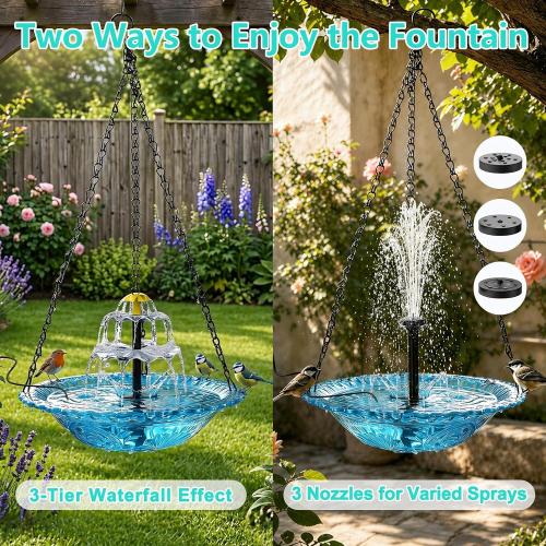Solar Hanging Bird Bath Fountain, Solar Powered Cascading Water Fountain, Outdoor Hanging Bird Bath with Solar Fountain for Garden, Patio, Backyard