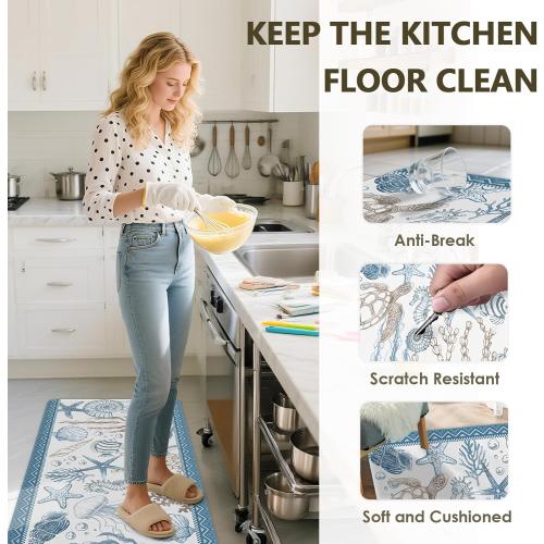 Coastal Rugs for Kitchen Floor, Beach Anti Fatigue Mats for Kitchen Floor Non Slip, 2PCS Rubber Ocean Coral Kitchen Mat, Washable Cushioned Runner Carpet for Sink Laundry 15.7×27.5  15.7×47 3.5mm