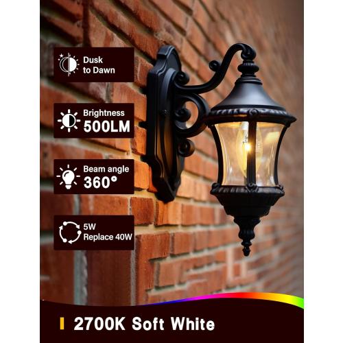 UNILAMP Dusk to Dawn Light Bulbs, Outdoor Candelabra Light Bulbs, 5W Equivalent 40W, 2700K Soft White, 500LM, Edison Vintage Filament E12 Base, Photocell Sensor for Sconces Porch Patio Garage, 6 Pack