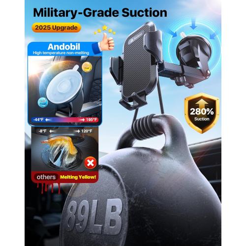 andobil 2025 Military-Grade Car Phone Holder [Upgraded Strongest Suction & Clip] Phone Holders for Your Car, Dashboard Windshield Vent Car Phone Mount for iPhone 17 Pro Max 16 15 14 13 12 Android