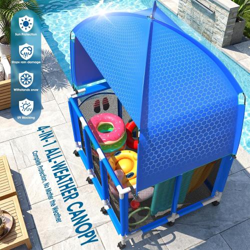 Pool Float Storage with Canopy,Pool Storage Bin XXX-Large,Outdoor Pool Toy Storage Organizer for Pool, Floats & Balls, Outdoor Pool Toy Storage with Rolling Cart for Swimming Equipments