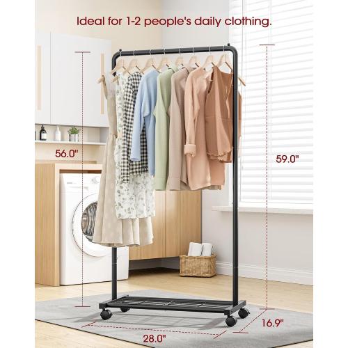 Sakugi Clothes Rack - Clothing Rack with Storage Mesh Shelf & Casters, Heavy-Duty Metal Clothing Rack for Hanging Clothes, Dresses, Coats, Large Load Capacity, Easy Assembly, Black, 28.0x16.9x59.0❗MAY HAVE MISSING PIECES❗