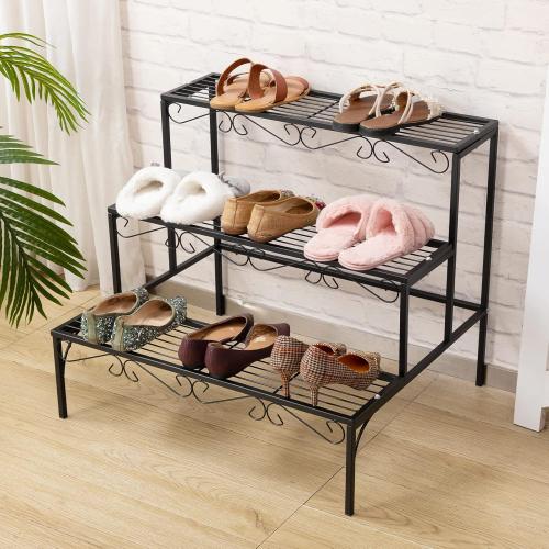 DOEWORKS 3 Tier Stair Style Metal Plant Stand, Garden Shelf for Large Flower Pot Display Rack Indoor Outdoor, Black