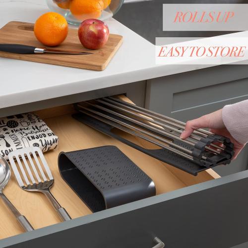 Kitchen Details Over The Sink Drying Rack with Utensil Holder | Roll Up for Storage | Stainless Steel | Drain Tray | BPA Free | Food Safe | Space Saving | Grey