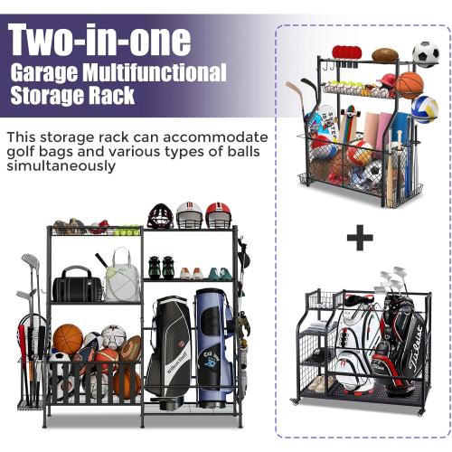 Sports Equipment Organizer, Heavy Duty Golf Bags Stand, Extra Large Ball Storage Rack for Garage, Sports Gear Storage with Basket and Hooks, Black