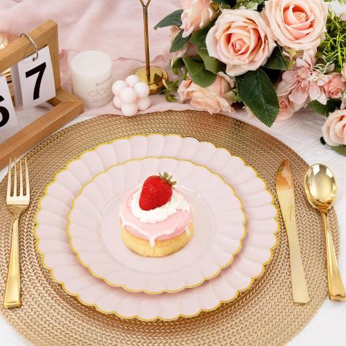 YOUBET 60PCS Pink Scalloped Plastic Plates - Hard Pink and Gold Fancy Disposable Plates include 30 Gold Dinner Plate, 30 Dessert Plate for Party & Wedding & Baby Shower Valentines Day