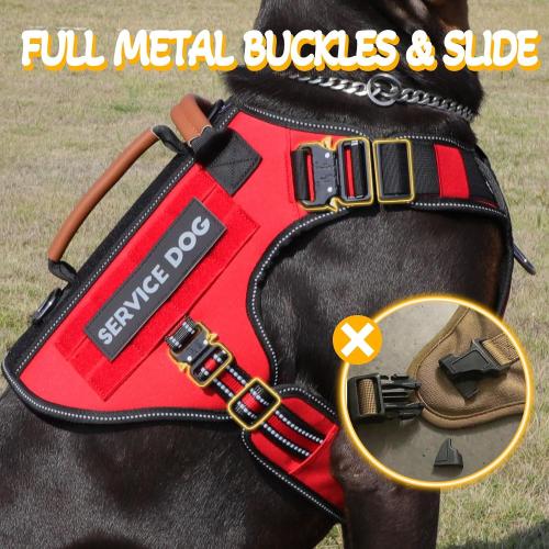 Size M Service Dog Vest - HEYCAHVA Tactical Dog Harness Full Metal Buckles for Large Medium Dog Reflective No Pull Dogs Harnesses Vest with Leather Handle, Hook & Loop for Hiking Training (Red)