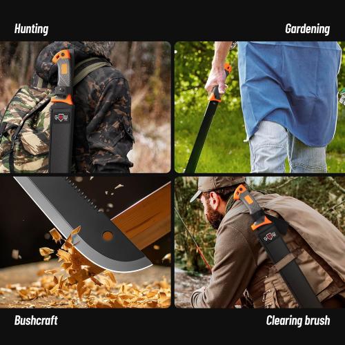 Machete with Saw 25 / 19 Heavy Duty Tool & Sheath - Ergonomic No-Slip Handle - Survival Knife with Serrated Blade - Machetes for Bushcraft Hunting Garden Cutting Trees and Yard Work