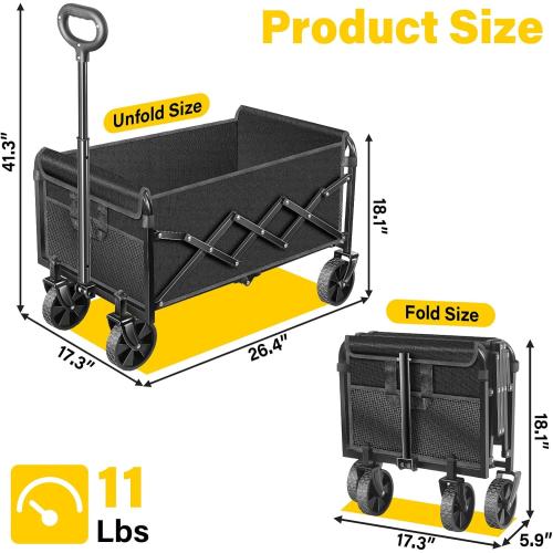 Wagons Carts Foldable, Collapsible Wagon with Wheels — Foldable Wagon for Groceries,Picnic,Beach,Camping, Small Hauls, Apartment Moving Storage, Portable Utility Folding Wagon Cart, 360lbs, Black
