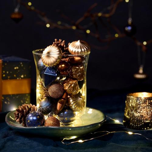 DecorbyHannah Mini Christmas Ornaments, 45ct Small Blue Copper Gold Christmas Tree Decorations, Assorted Tiny Celestial Shatterproof Plastic Decorative Hanging Ball Bulk Set for Xmas Home Table Decor