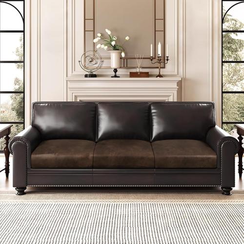 Leather Look Couch Cushion Covers Sofa Seat Slipcovers Sets Couches Furniture Protector for Sectional Armchair Loveseat Pets Kids Stretch Spandex Fabric(3 Cushion Sofa, Brown)
