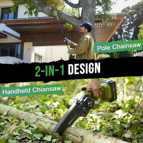 2-IN-1 Cordless Pole Saw & Mini Chainsaw, Two 4.0Ah Battery Powered 6 Inch Electric Pole Chainsaw, 15Ft MAX Reach Pole Saw for Tree Trimming