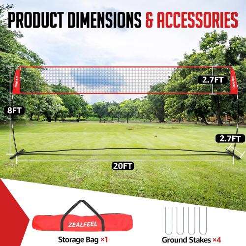 ZEALFEEL 12 FT/20 FT Portable Adjustable Volleyball Net for Backyard | Freestanding Net with Carry Bag for Hitting and Serving Drills in Backyards, Parks, Beach or Outdoor & Indoor