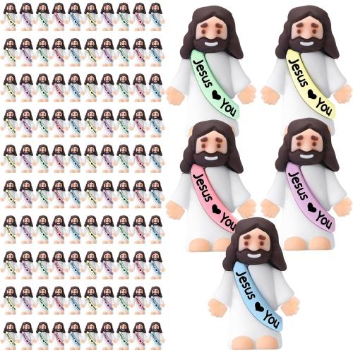 Bememo 100 Pcs Little Jesus Figures Jesus Loves You Original Design Pocket Rubber Little Figures to Hide and Seek Sunday Religious Party Share Easter Gifts(Macaron Colors)