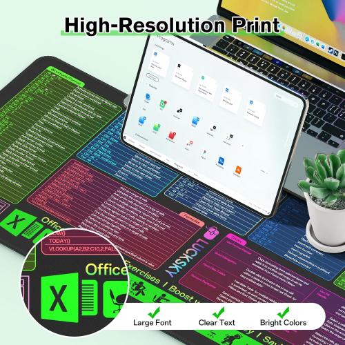 Large Excel Cheat Sheet Desk Pad, Cheat Table Gaming Mousepad, Over 150 Excel Shortcuts, Non-Slip Sewn Edge, Suitable for Office Use, Employee Appreciation Gift
